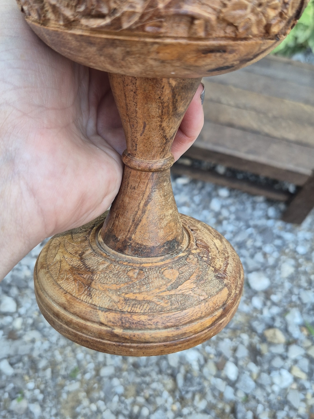Vintage Hand Carved Wooden Pillar Candle Holder Stand | Rustic Boho Floral - Picture 6 of 13